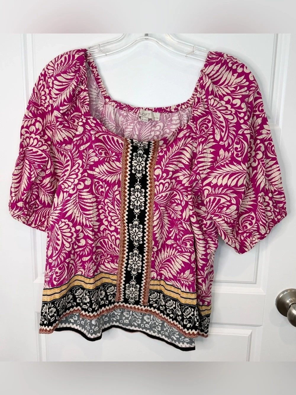 Loft Petites Pink Botanical Print Square Neck Puff Sleeve Blouse MP NWT